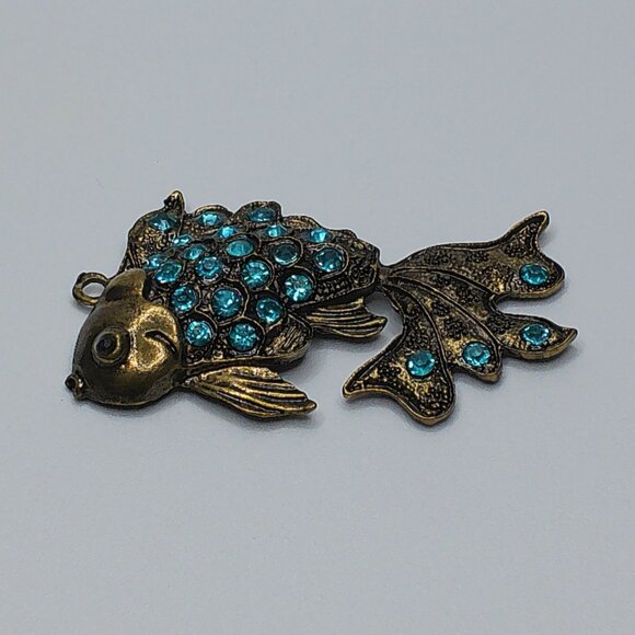 Blue Golden Fish Pendant, gold color, blue rhinestone, shiny crystals details - Picture 5 of 9